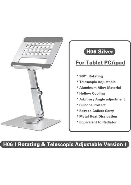 H06-GÜMÜŞ (Döndürme) Dizüstü Bilgisayar Tutucu Tablet Standı Ayarlanabilir 360° Döndürme Dizüstü Bilgisayar Braketi Teleskopik Ofis Çalışma Braketi Destek Çerçevesi Alüminyum Alaşımlı (Yurt Dışından)