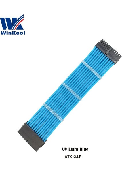 Uv Açık Mavi 300MM Winkool Atx MB 24PIN Dişi - Erkek 24P 18AWG Kollu Psu Uzatma Güç Kablosu / Siyah Beyaz Mavi Kırmızı Kılıflı Kablo (Yurt Dışından)