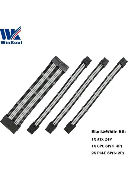 Beyaz-Siyah 100MM Winkool Dişi - Erkek 18AWG Kollu Psu Uzatma Güç Kablosu / Kablo Kitleri 1x Atx 24P Cpu 8p 2x Pcı-E 8p (Yurt Dışından)