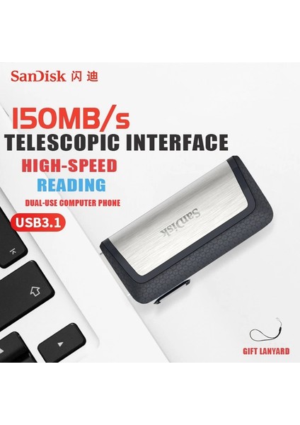 Siyah 16GB Sandisk USB Flash Sürücü Kalem Sürücü Disk Çift Sürücü USB 32GB Memory Stick Tip-C Otg USB 3.1 16G 64GB 128GB Yüksek Kaliteli USB Stick (Yurt Dışından)