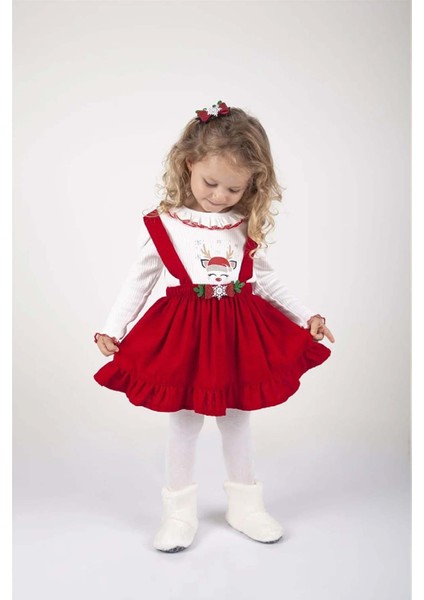 Yıl Başı Temalı Kız Çocuk Geyik Desenli Badili Salopet Elbise