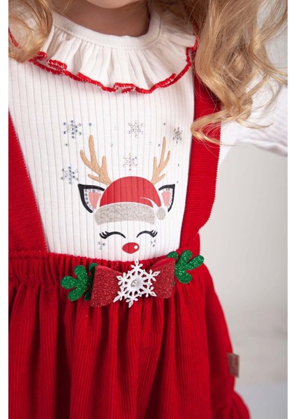 Yıl Başı Temalı Kız Çocuk Geyik Desenli Badili Salopet Elbise modelleri