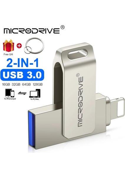 Gümüş 64GB Döndürme USB 3.0 Flash Sürücüsü iPhone Için 2'si 1 Arada Usb-A'dan Yıldırım Arayüzüne Usb3.0 Pendrive Iphone7/8/9/11/12/13 /ıpad (Yurt Dışından)