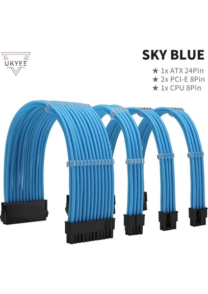 Sky Bule 30CM Ukyee Psu Güç Kaynağı Uzatma Kablosu Naylon Örgülü Atx 24PIN Pcie Çift Üçlü 8-Pin 6+2pin Kablo 24-Pin Anakart Uzatma (Yurt Dışından)