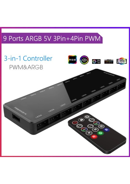 1 Ila 9 Hub 3 In 1 Argb Denetleyici 4pin Pwm Hub 1 Ila 9 Çoklu Splitter 5V 3pin Argb Aura Sync Kablosuz Uzaktan Kumanda ile Pc Kasa Soğutma Fanı (Yurt Dışından)