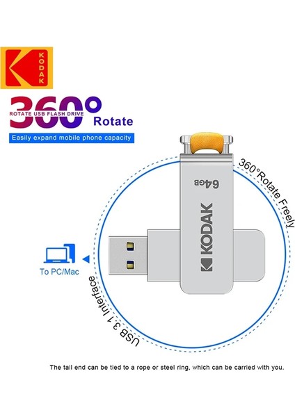 256 GB Orijinal Kodak Dönen USB 3.0 Flash Sürücü 64 GB 128 GB 256 GB Metal Kalem Sürücü K133 Memory Stick Unidad Flash USB 3.1 Pendrive (Yurt Dışından)