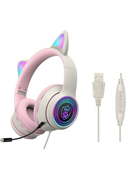 Gri Pembe Rgb Işık Hafif Hediye Oyun Kulaklığı Moda USB Kablolu Gürültü Önleyici Katlanabilir Kedi Kulak Seyahat Hifi Stereo Pc Laptop Için (Yurt Dışından)