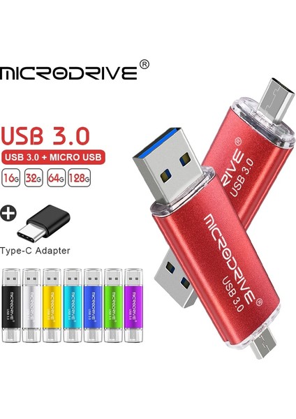 Mavi 32GB Yüksek Hızlı USB 3.0 Flash Sürücüler 128GB 64GB 32GB 16GB USB Memory Stick Otg Harici Depolama Çift Uygulama Mikro Ücretsiz Adaptör (Yurt Dışından)