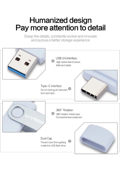 Siyah 64GB Yeni Wansenda USB 3.0 Tip C USB Flash Sürücü Otg Kalem Sürücü 512GB 256GB 128GB 64GB 32GB 16GB USB Çubuk 2'si 1 Arada Yüksek Hızlı Pendrive (Yurt Dışından)