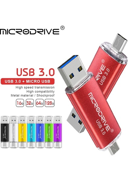 Altın 64 GB 3 In 1 Otg USB 3.0 Kalem Sürücü USB Flash Sürücü 16 GB 32 GB 64 GB Flash Sürücü 128 GB Android Mobil Için Ücretsiz C Tipi Adaptör (Yurt Dışından)