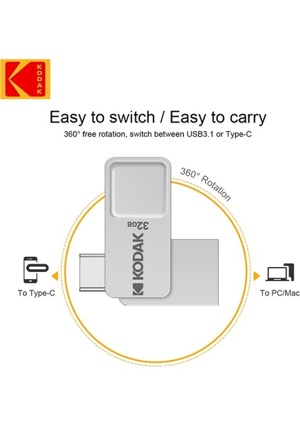 K223B-MICRO USB 16GB Kodak Metal Mini USB Flash Sürücü K223C 64GB 128GB Usb3.1 Yüksek Hızlı Memory Stick U 2'si 1 Arada Disk Pendrive Otg Type-C Akıllı Telefon (Yurt Dışından)