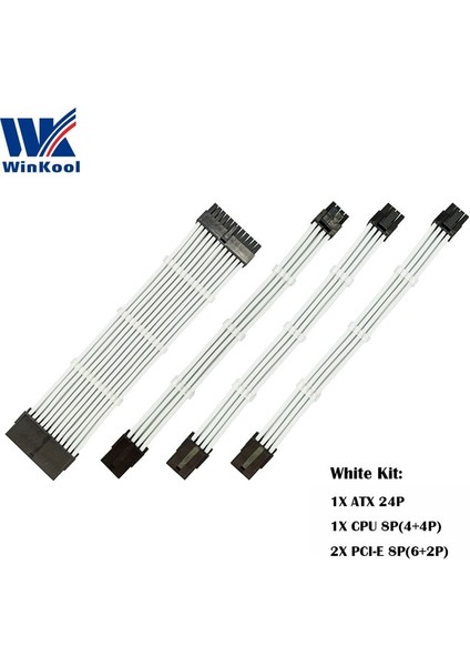 Beyaz 300MM Winkool Dişi - Erkek 18AWG Kollu Psu Uzatma Güç Kablosu / Kablo Kitleri 1x Atx 24P Cpu 8p 2x Pcı-E 8p (Yurt Dışından)