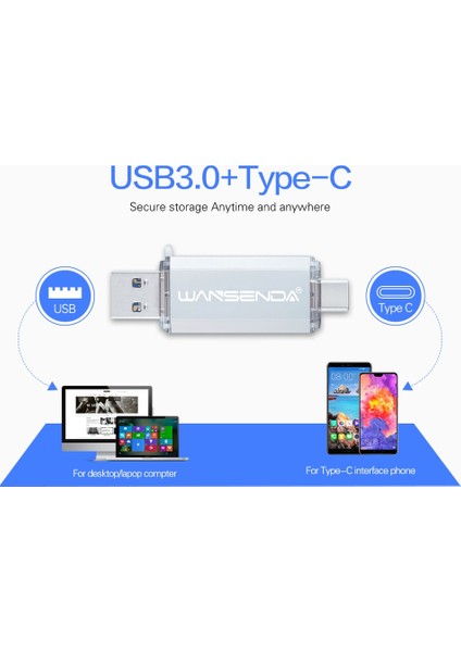 Gümüş 64GB Hotsale Wansenda Otg USB Flash Sürücü Tip C Kalem Sürücü 512GB 256GB 128GB 64GB 32GB 16GB USB Stick 3.0 Pendrive Tip-C Cihaz Için (Yurt Dışından) modelleri