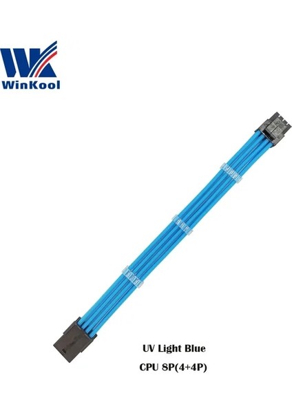 Uv Açık Mavi 100MM Winkool Atx Eps Cpu 8pın Dişi - Erkek 4 + 4pin 18AWG Psu Kollu Uzatma Güç Kablosu / Beyaz Siyah Kılıflı Kablo (Yurt Dışından)