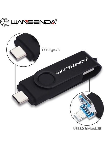 Siyah 16 GB Wansenda USB Flash Sürücü Otg 3 In 1 USB 3.0 Tip C Microusb Çubuk Kalem Sürücü 512 GB 256 GB 128 GB 64 GB 32 GB Yüksek Hızlı Pendrive (Yurt Dışından)