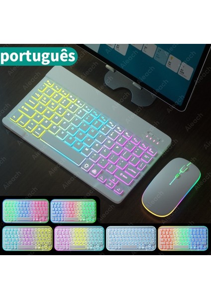 Portekizce Klavye Tablet Android Ios Windows Kablosuz Fare Klavye Bluetooth Uyumlu Gökkuşağı Arkadan Aydınlatmalı Klavye iPad Telefon Için (Yurt Dışından)