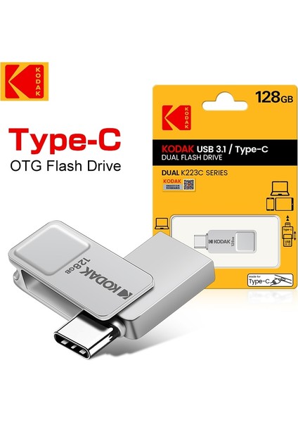 128 GB Orijinal Kodak K223C Metal USB Flash Sürücü 64 GB 128 GB Usb3.1 80 Mb/s Memory Stick Otg U Disk Mini Pendrive Tip-C Akıllı Telefon Için (Yurt Dışından)