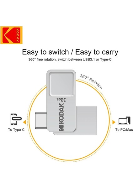 128 GB Orijinal Kodak K223C Metal USB Flash Sürücü 64 GB 128 GB Usb3.1 80 Mb/s Memory Stick Otg U Disk Mini Pendrive Tip-C Akıllı Telefon Için (Yurt Dışından)