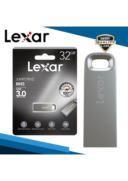 Gümüş 64GB Lexar M45 32G U Disk Bilgisayar Araba Çift Kullanımlı Usb3.0 Yüksek Hızlı Mini Iş Gümüş Metal USB Flash Sürücü 100MBS Harici Depolama (Yurt Dışından)