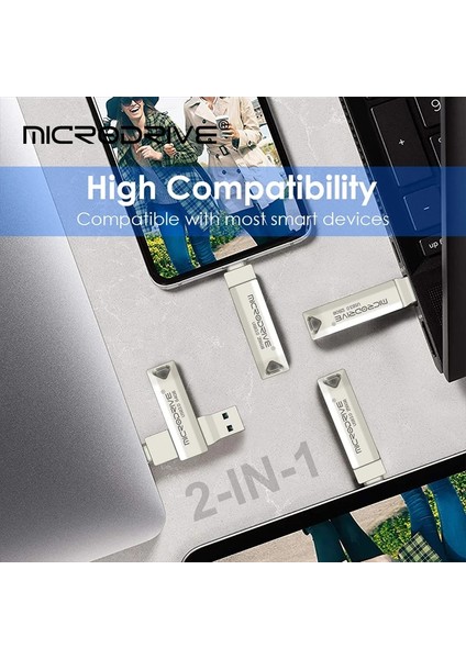 Gümüş 128GB Mini Tip C 3.0flash Sürücü 2'si 1 Arada Su Geçirmez Memory Stick 128G 64GB Flip USB Stick Pendrive 256GB Harici Depolama Dizüstü Bilgisayar Için (Yurt Dışından)