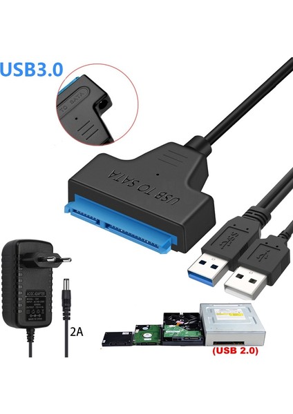 USB 2.0 Sata USB 3.0 Kablosu Güç Kaynağı Adaptörü 2.5 3.5 Inç Sabit Disk Disk Harici Konektör SSD HDD 22PIN Adaptör Sata A USB (Yurt Dışından)