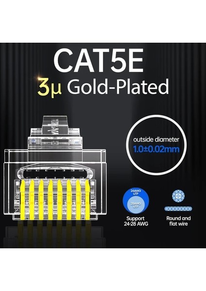 CAT5E 3u 100 Adet Ampcom RJ45 Modüler Fiş, Cat6 CAT5E Ağ Konnektörleri Üzerinden Geçiş Utp 3/50μ Altın Kaplama 8P8C Ethernet Kablosu Için Sıkma Ucu (Yurt Dışından)