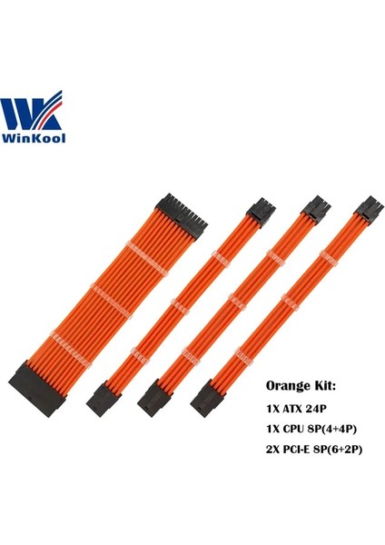 Turuncu 100MM Winkool Dişi - Erkek 18AWG Kollu Psu Uzatma Güç Kablosu / Kablo Kitleri 1x Atx 24P Cpu 8p 2x Pcı-E 8p (Yurt Dışından)
