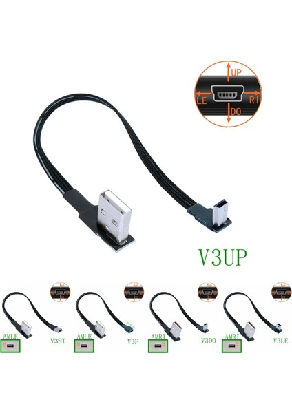 AMRI-V3LE 1m Mini USB B Tipi 5pin Erkek Yukarı Aşağı Sol Sağ Açılı 90 Derece USB 2.0 Erkek Veri Kablosu (Yurt Dışından)