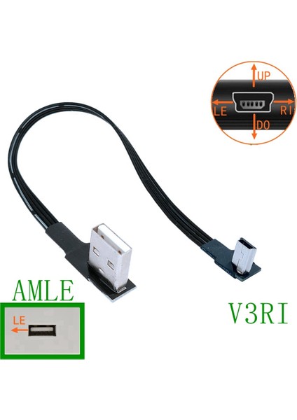 AMRI-V3LE 1m Mini USB B Tipi 5pin Erkek Yukarı Aşağı Sol Sağ Açılı 90 Derece USB 2.0 Erkek Veri Kablosu (Yurt Dışından)
