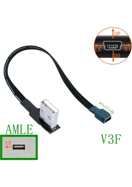 AMRI-V3LE 1m Mini USB B Tipi 5pin Erkek Yukarı Aşağı Sol Sağ Açılı 90 Derece USB 2.0 Erkek Veri Kablosu (Yurt Dışından)