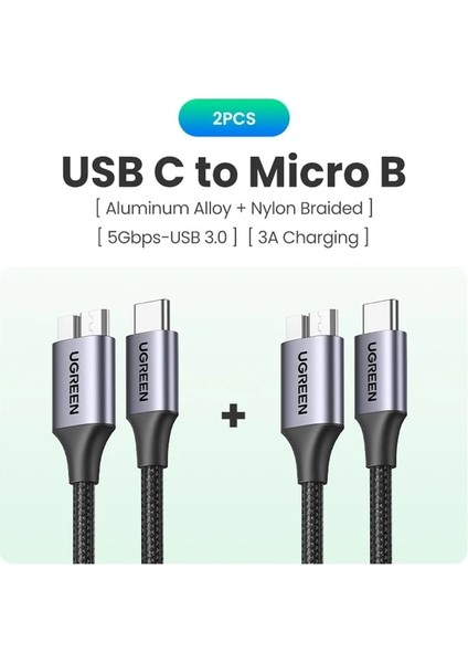 Metal USB C -2pcs 0.5 M Ugreen USB C'den Mikro B 3.0 Kablosuna 5 Gbps 3A Hızlı Veri Senkronizasyon Kablosu Macbook Sabit Disk HDD SSD Durumda USB Tip C Mikro B Kablosu (Yurt Dışından)