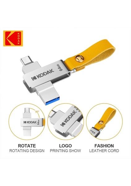 Ücretsiz Adaptör 32GB Kodak 3.1 Metal USB Flash Sürücü 32GB 64GB 128GB Tip C 2'si 1 Arada USB Sopa Çift Macbook Pc Tv Pendrive Cle Otg USB Flash Sopa (Yurt Dışından)