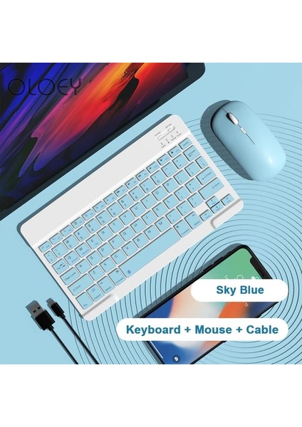 Gökyüzü Mavi Oloey Yeni 10 Inç Kablosuz Klavye Fare Seti iPad Tablet Mini Bilgisayar Telefonu Dizüstü Bilgisayar Için Bluetooth Uyumlu Klavye (Yurt Dışından)