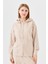 Kadın Triko Taş Baskılı Kapüşonlu Yazlık Sweatshirt Bej 5