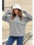 Kadın Gri Uzun Kol, Duble Manşet, Yırtmaçlı Yaka, Salaş Sweatshirt Bluz 1