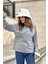 Kadın Gri Uzun Kol, Duble Manşet, Yırtmaçlı Yaka, Salaş Sweatshirt Bluz 2