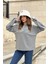 Kadın Gri Uzun Kol, Duble Manşet, Yırtmaçlı Yaka, Salaş Sweatshirt Bluz 4