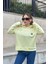 Kadın Fıstık Yeşil Uzun Kol, Yırtmaç Detaylı, Arma ve Yazı Detaylı, Kapüşonlu Sweatshirt Bluz 5