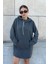 Kadın Antrasit Uzun Kol Yakası Bağcıklı Kapüşonlu Kanguru Cep Salaş Uzun Tunik Sweatshirt 1