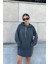 Kadın Antrasit Uzun Kol Yakası Bağcıklı Kapüşonlu Kanguru Cep Salaş Uzun Tunik Sweatshirt 4