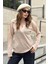 Kadın Bej Basic Stil Polo Yaka Uzun Kollu Keten Bluz Sweatshirt 1