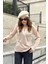Kadın Bej Basic Stil Polo Yaka Uzun Kollu Keten Bluz Sweatshirt 2
