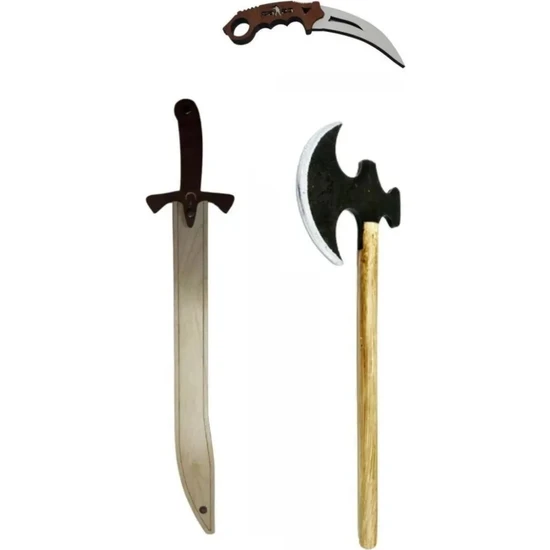 Ahtek Süper 3'lü Set, Ahşap Kılıç + Balta + Bıçak Seti
