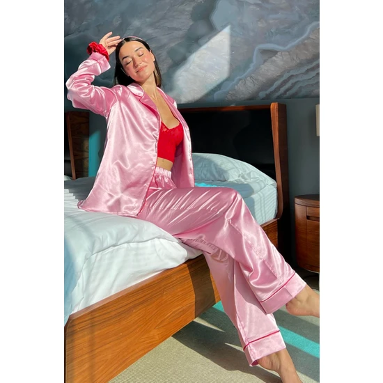 For You Sleepwear 5'li Bustiyerli Biyeli Pembe Saten Pijama Takımı