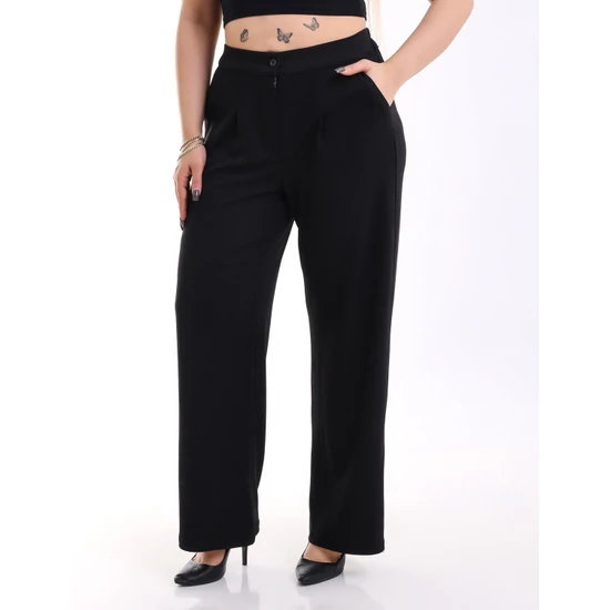 Era Lisa Siyah Yüksek Bel Beli Lastikli Pileli Büyük Beden Örme Pantolon