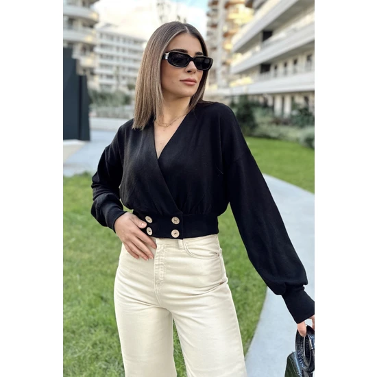 New Laviva Kadın Siyah Uzun Balon Kol, Düğme Detaylı, Kruvaze Bluz Ceket