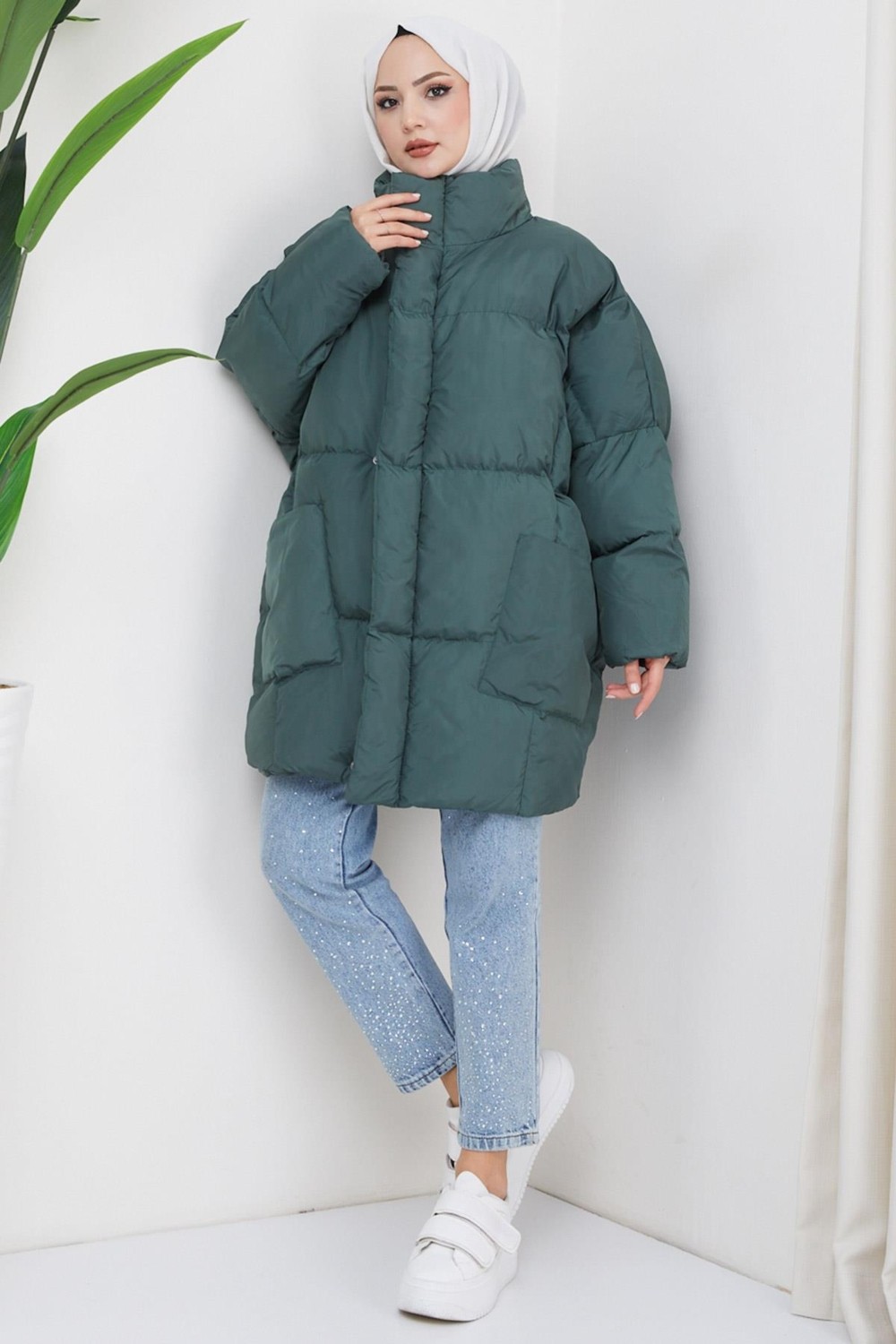 Hafsa Mina Oversize Torba Cep Şişme Mont Yeşil HM2317