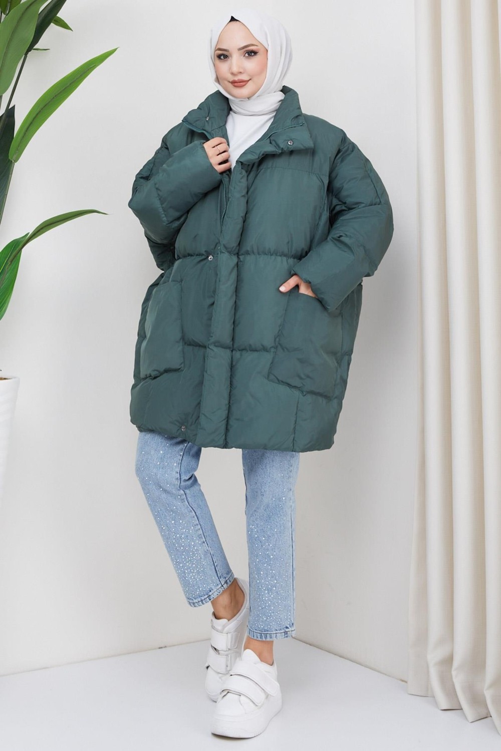 Hafsa Mina Oversize Torba Cep Şişme Mont Yeşil HM2317 görsel 2
