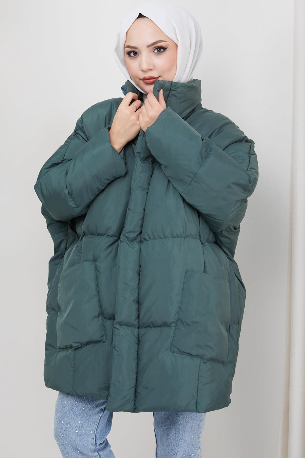 Hafsa Mina Oversize Torba Cep Şişme Mont Yeşil HM2317 görsel 3