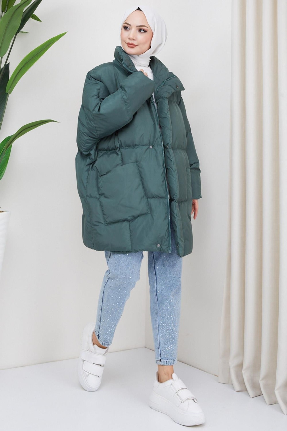 Hafsa Mina Oversize Torba Cep Şişme Mont Yeşil HM2317 görsel 4